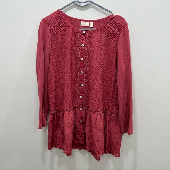 LOGO by Lori Goldstein Tops - LOGO Lavish Button Up Tunic with Embroidery & Eyelet Ruffle Trim Rose Size M